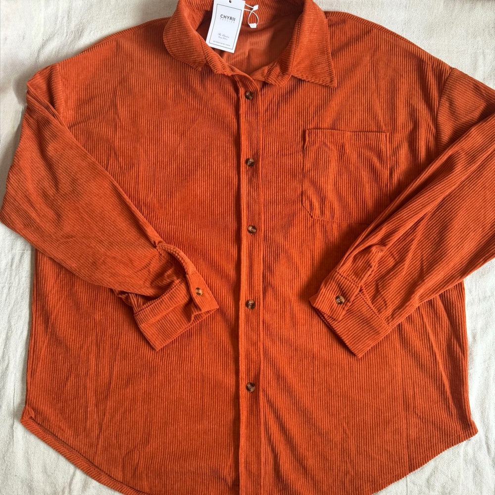 NWT Chyrii Oversized Corduroy Shirt XXL Burnt Orange Button Down Shacket Pocket